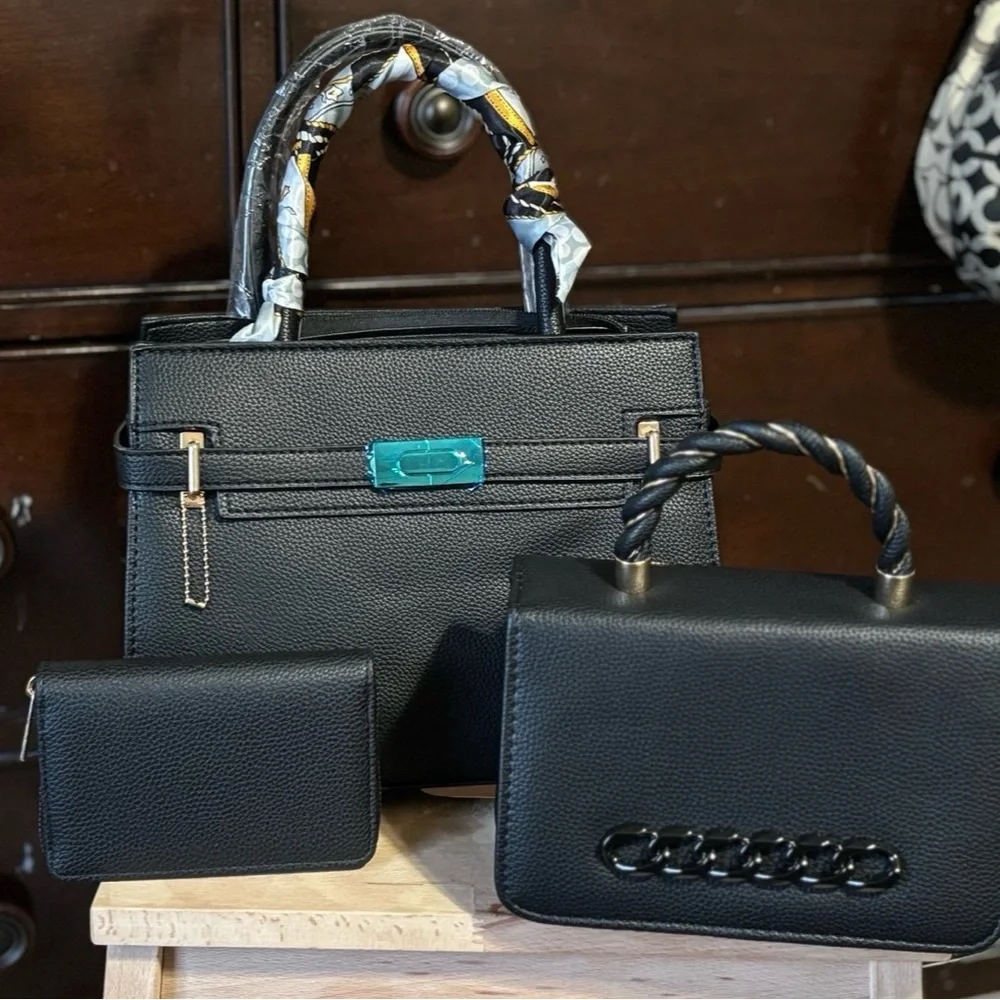 Scarf Top Handle Satchel, Crossbody & Wallet Black 3-in-1 BRAND NEW